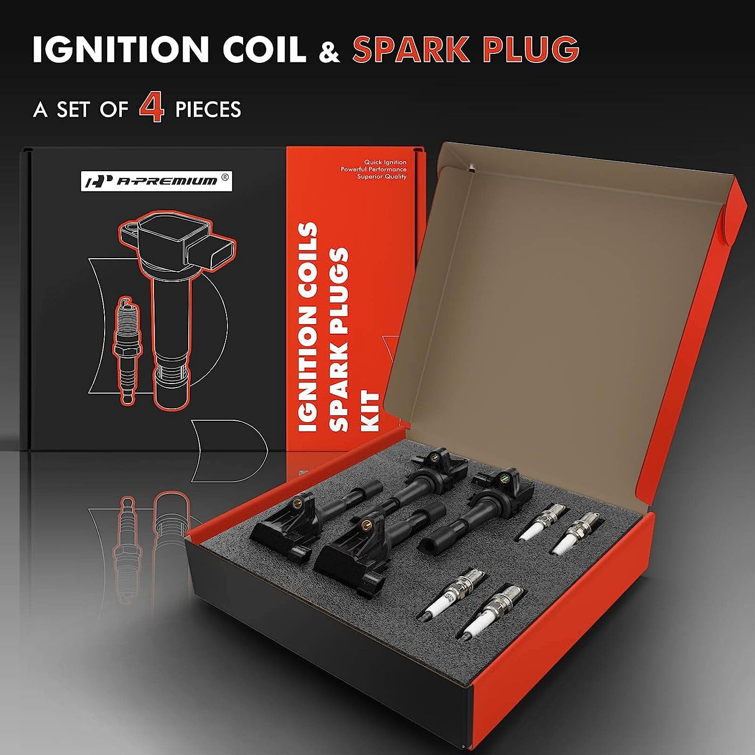 A-Premium Set of 4 Ignition Coil Pack and Iridium Spark Plugs Compatible with Honda Fit 2009-2014, CR-Z 2011-2016, City 2010-2016, 1.5L ELECTRIC