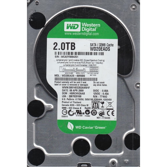 WD20EADS-00R6B0, DCM HBRCHV2AAB, Western Digital 2TB SATA 3.5 Hard Drive