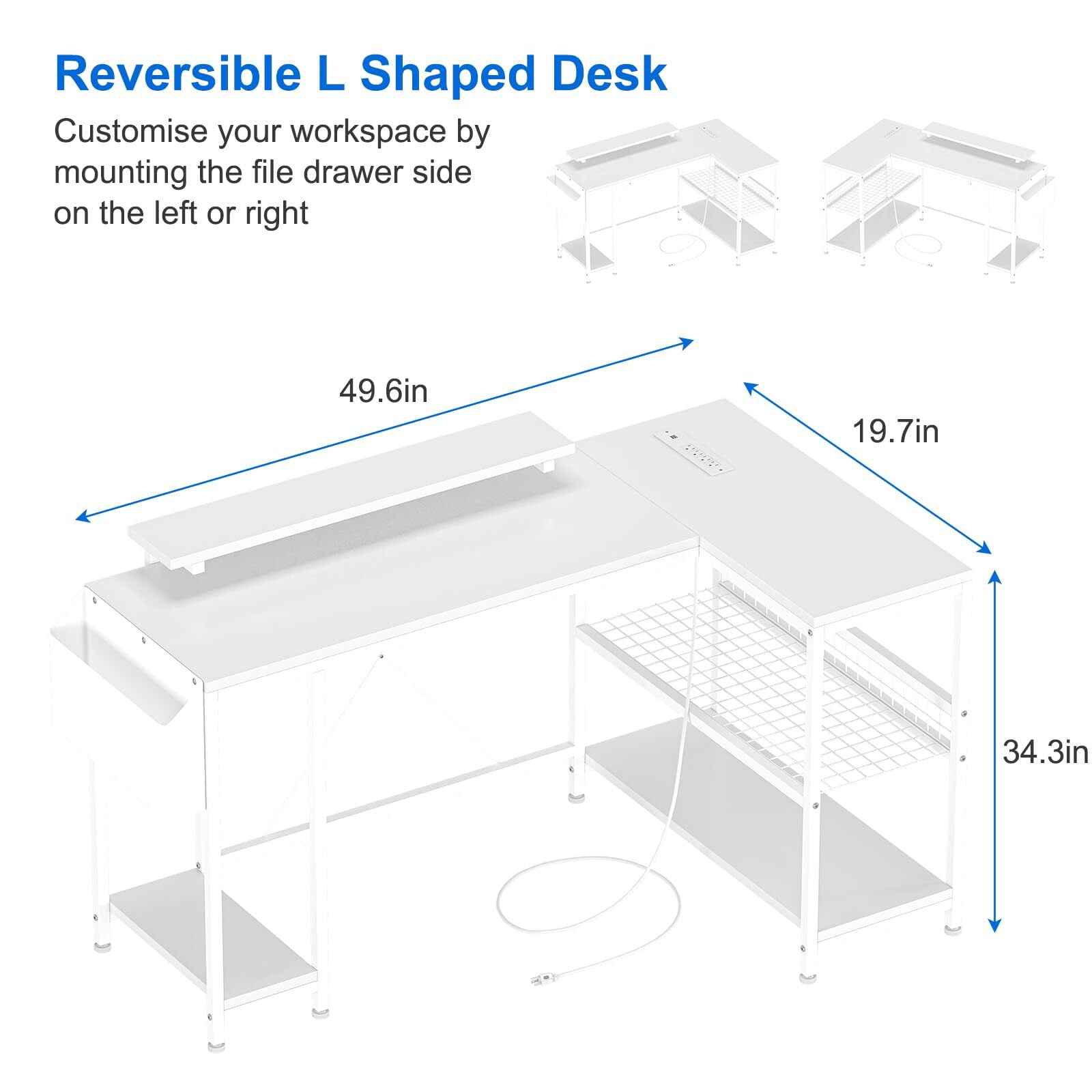 Jojoka 49.6" Reversible L Shaped Computer Gaming Desk with LED Light & Power Outlets, Corner PC Desk with Storage Shelves & Monitor Stand, Home Office Desk, Writing Desk, Workstation, White