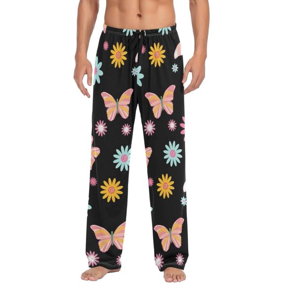 Floral Butterfly Pattern Ghost Pajama Pants, Men's Lounge Pants Light with Drawstring and Pockets, Christmas New Year Birthday Father's Day Gifts, Medium
