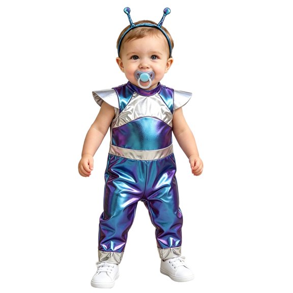 Hansber Infant Baby Alien Outfit 2-Pieces Sleeveless Shiny Metallic Jumpsuit with Antenna Headband Blue 0-6M