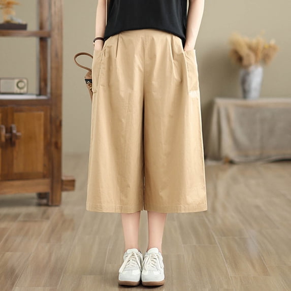 Women's Baggy Wide Leg Palazzo Capris Dressy Casual Cropped Gaucho Pant Pull On Solid Beach Culottes with Pockets