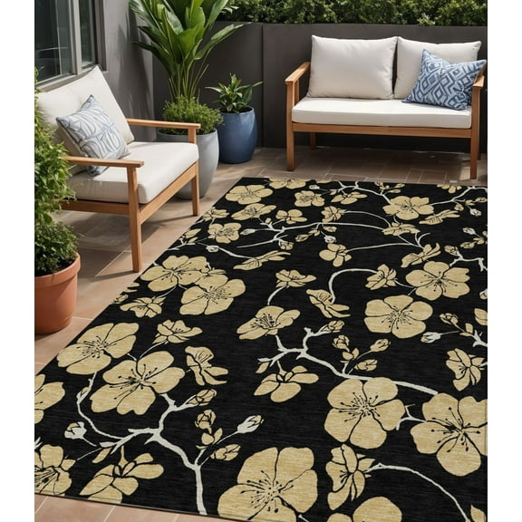 HomeRoots 599995 5 x 8 ft. Black & Gold Floral Washable Indoor & Outdoor Rectangle Area Rug