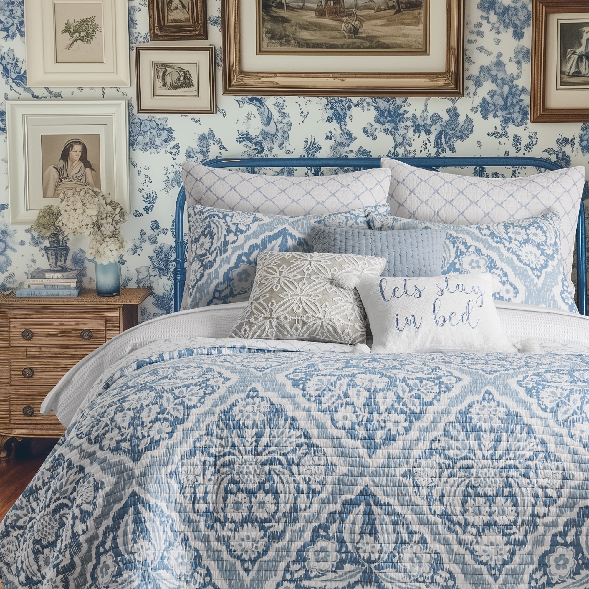 Levtex Home - Becker Blue Quilt Set - Full/Queen Quilt and Two Standard Shams - Ikat - Blue, White - Quilt (88x92in.) and Shams (20x26in.) - Reversible - Cotton