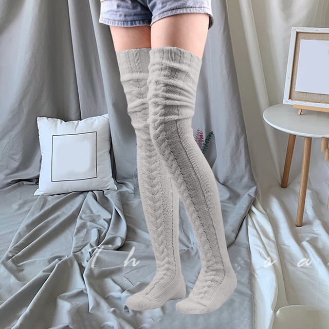 Jsaierl Womens Cable Knitted High Boot Socks Solid Color Extra Long Socks Winter Over Knee Stockings Leg Warmers