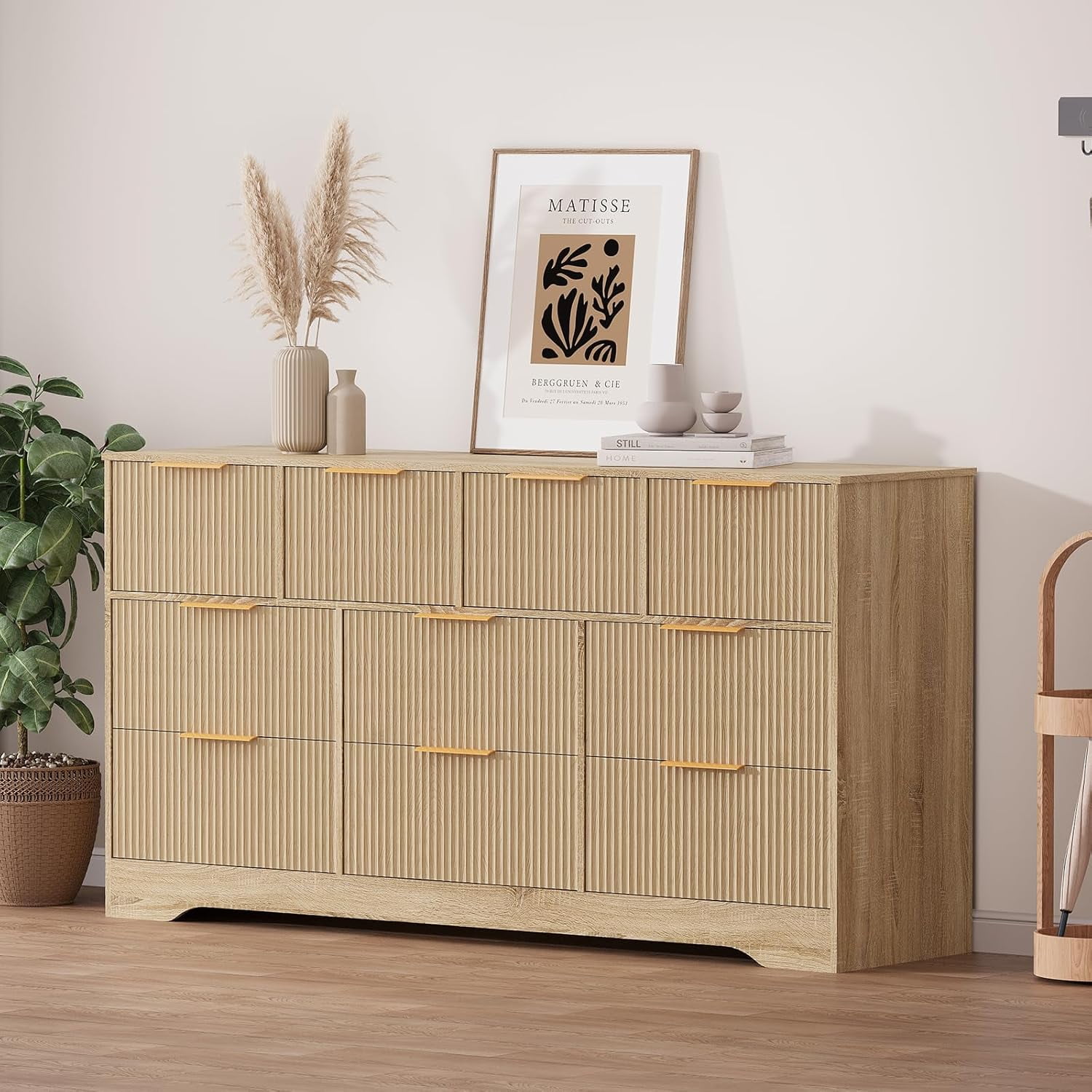 Fluted Design 10-Drawer Dresser - 59" Wide Modern Wood Chest for Bedroom, Living Room TV Stand or Hallway Storage Organizer with Wood Frame, Natural