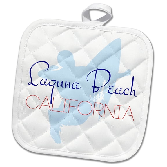 3dRose, Laguna Beach, California. Decorative text and an image of a surfer, 8x8 Potholder