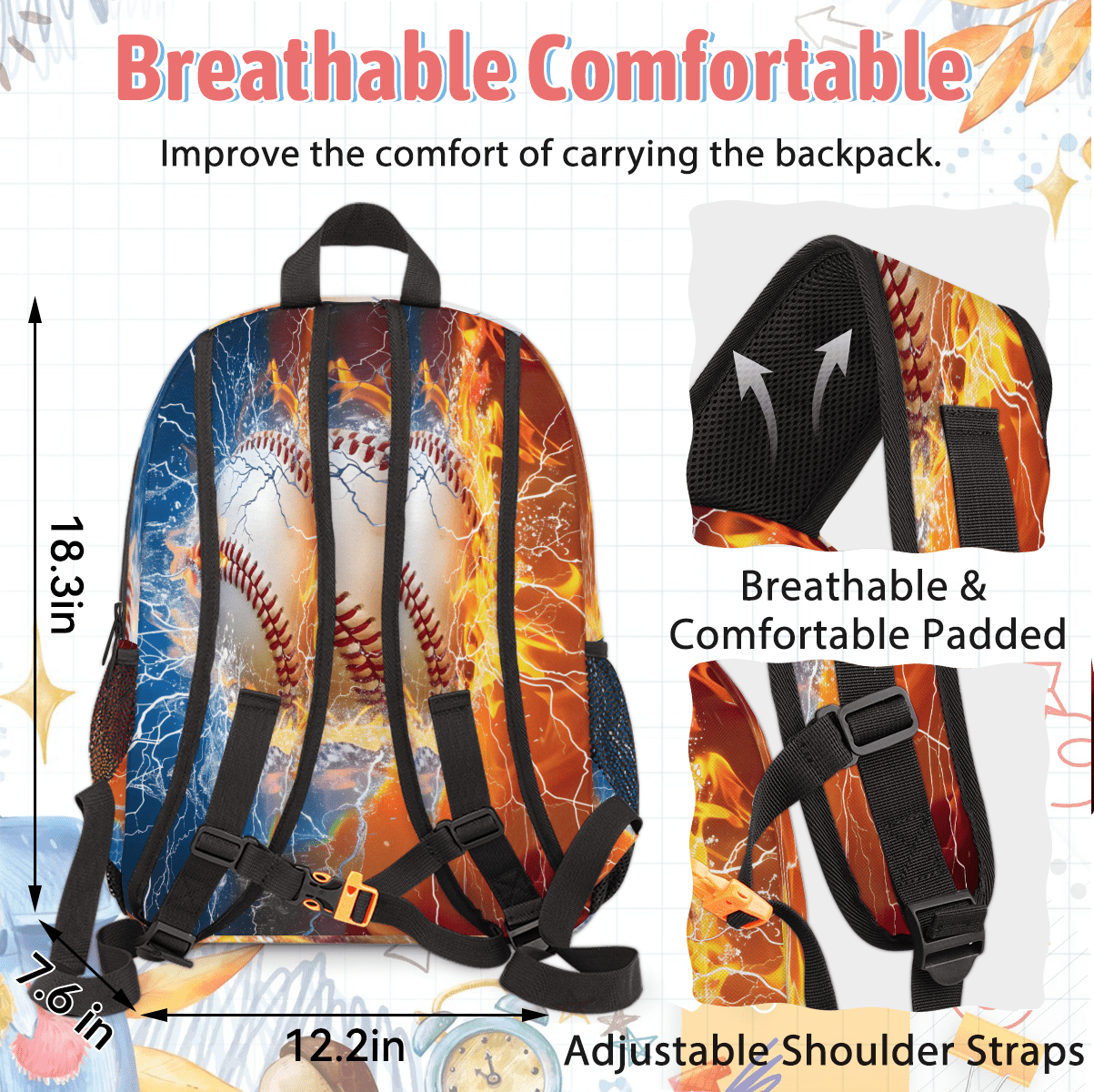 Herdesigns Baseball Sports Theme Large Backpack Set with Lunch Box Lightweight Water Resistant Travel Laptop Backpacks Casual Daypacks for Women Men