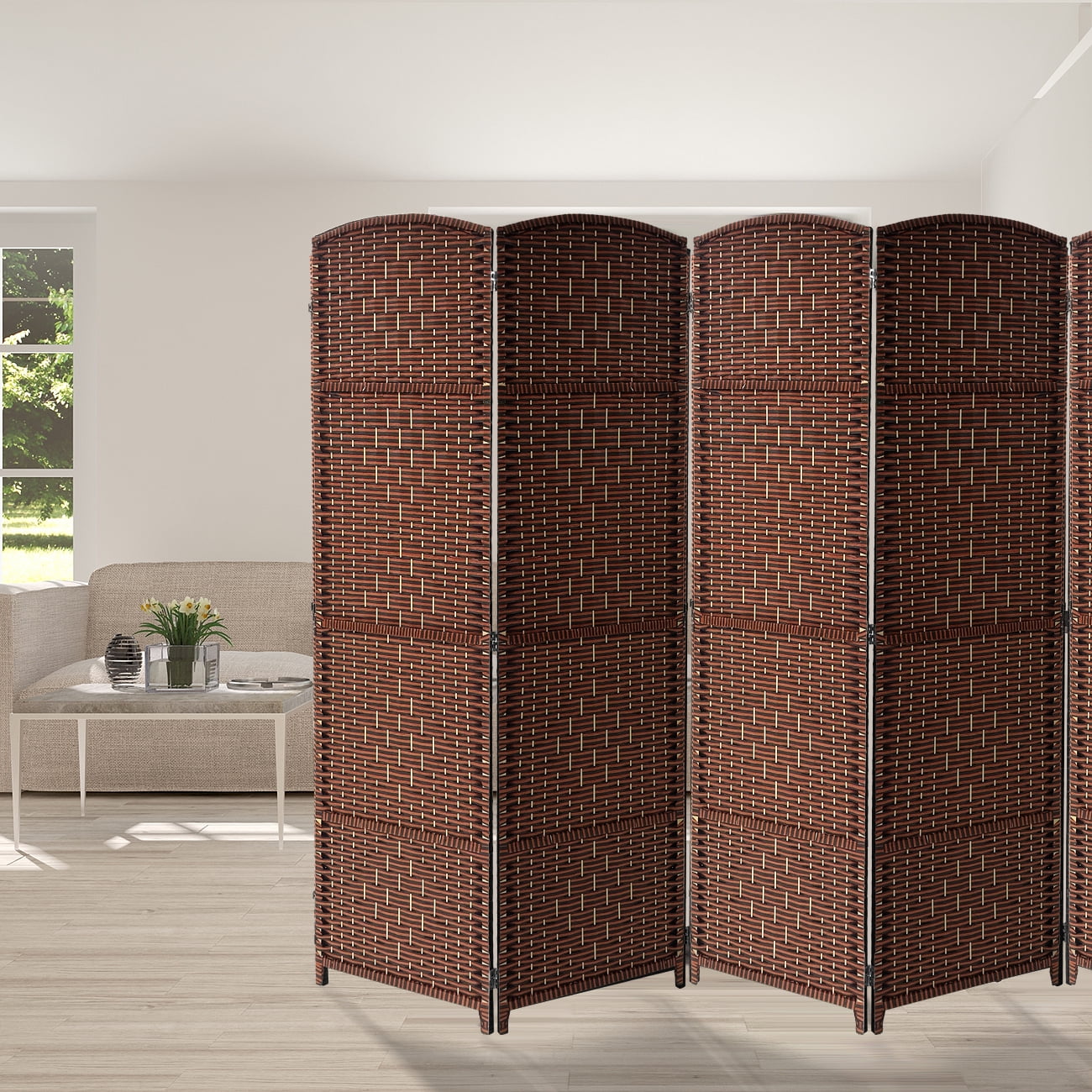 Extra Wide - Diamond Weave Fiber Room Divider, 6 Panel (Brown)