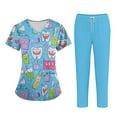 thumbnail image 2 of WTOBBY Plus Size Women's Short Sleeve Printed Scrubs Set with Pockets, V-Neck Design, Animal Floral Theme, 2-Piece Nursing Uniform, Medical Workwear for Caregivers,Sky Blue S, 2 of 4