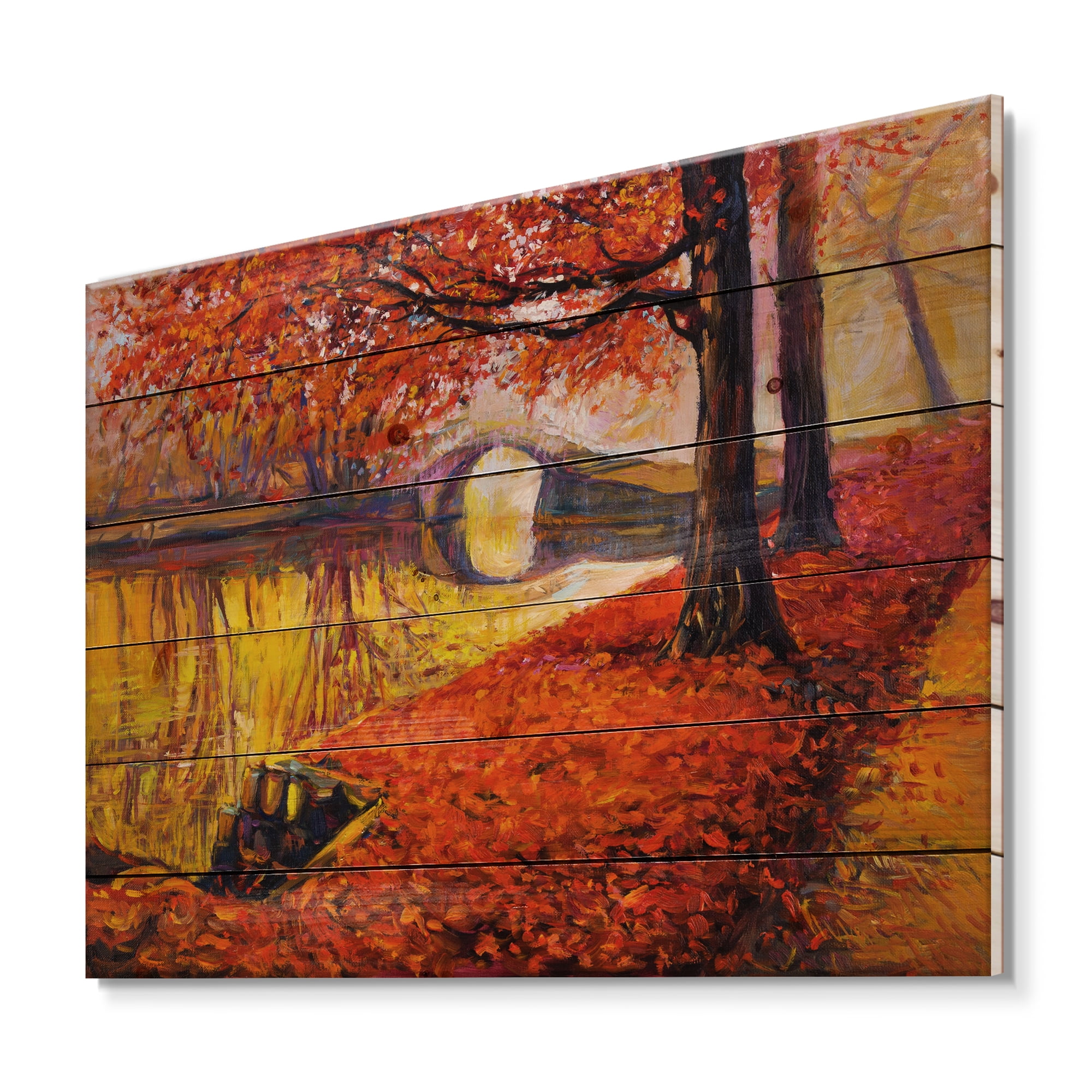 Designart 'Little Bridge In Deep Orange Autumn Landscape I' Traditional Print on Natural Pine Wood
