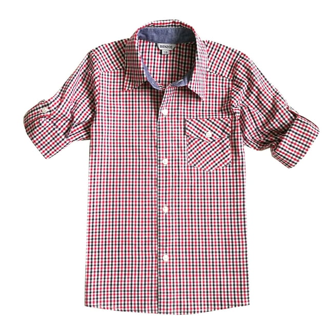 Bienzoe Boy's Cotton Check Roll Up Button Down Sports Shirts, Red,13/14