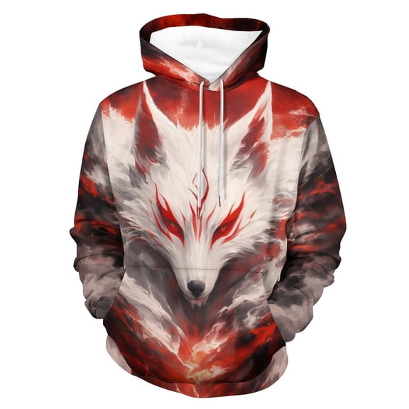 LAOLIUSN Men’s Fox Hoodie All Over Print 3D White Wolf Face Graphic Pullover Sweatshirt,S-4XL
