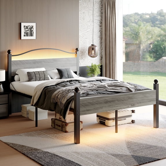 Pinmoco Queen Bed Frame with 16.5" Large Under Bed Storage, Dual LED Lights Platform Bed Frame with Charging Station, Gray