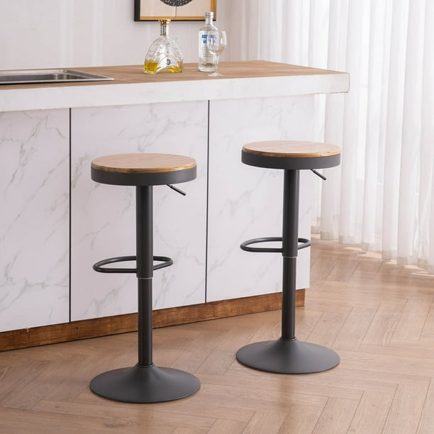YOUNIKE Wood Bar Stools Set of 2 Round Heigh Adjustable Gray Counter