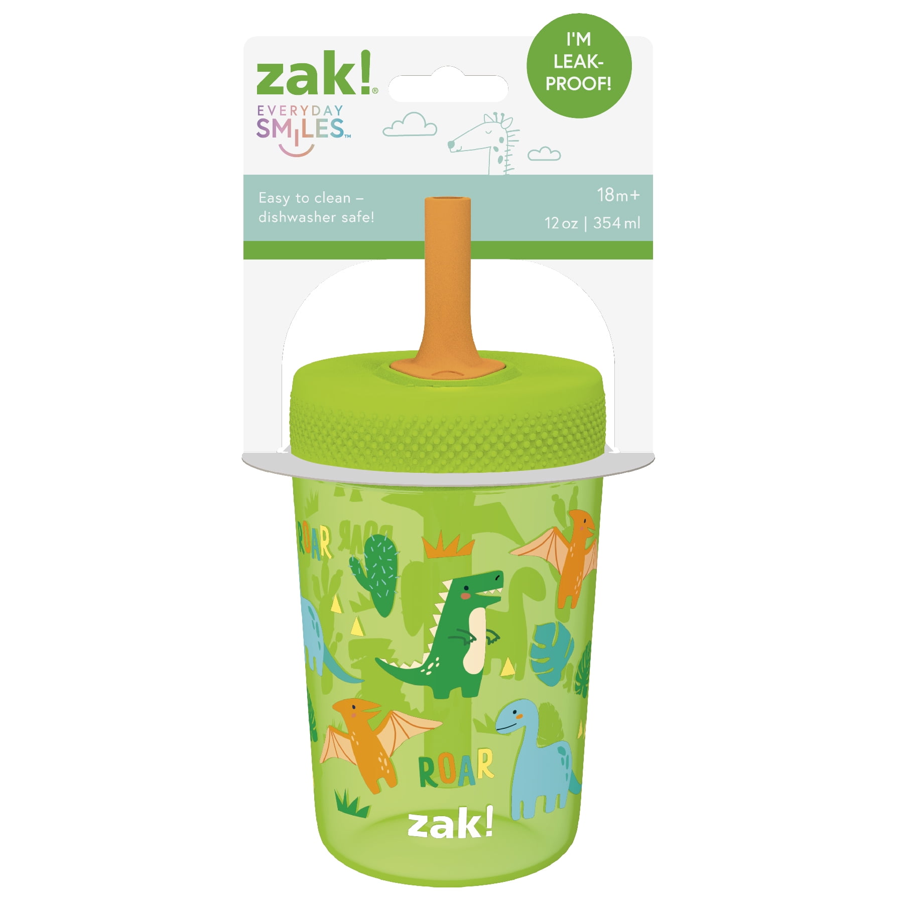 Zak Designs Capri Tumbler, Soft Straw Tumbler for Toddlers, 12oz, Leak-Proof, Easy to Hold, Dinosaur