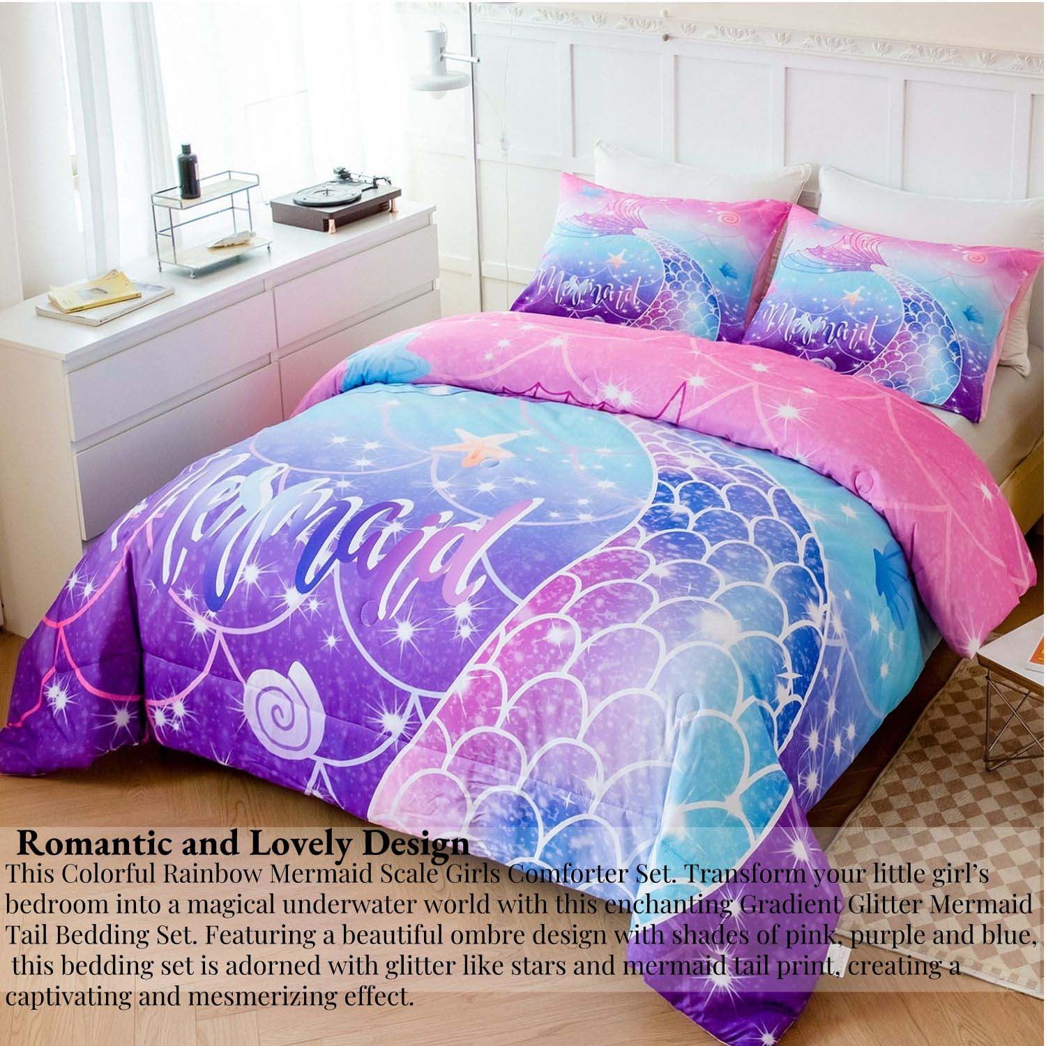 6 Piece Bed In Bag RYNGHIPY 6-Piece Mermaid Comforter Set Queen - Sparkle Teal  Purple Bedding For Girls Crib Sheets, image size:1500x1500