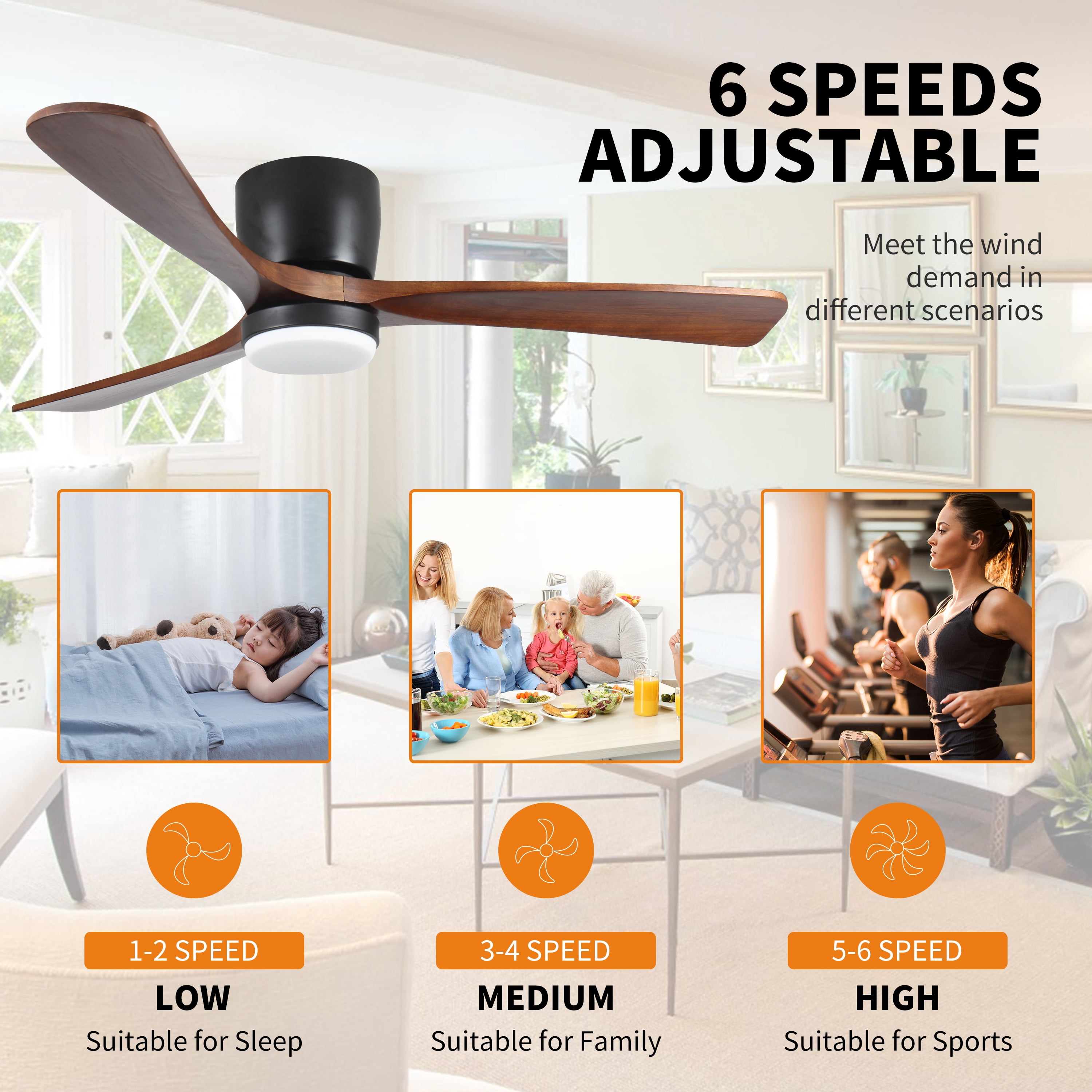 Miniyam 52 in. W Black Wood Ceiling Fan with Light and Remote Flush Mount, Dimmable, 6 Speed, Reversible, 35dB for Bedroom
