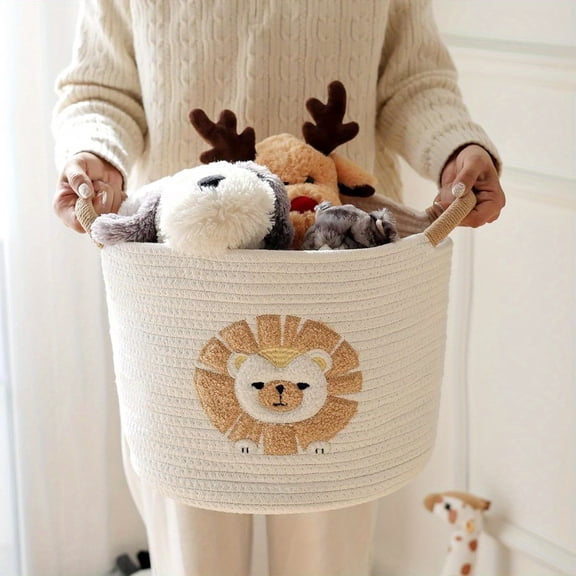 Cute Lion Design Plastic Storage Basket with Rope Handles - Multi-Purpose Nursery Organizer for Toys, Diapers, Blankets - Shower Gift, Easter Basket for Kids