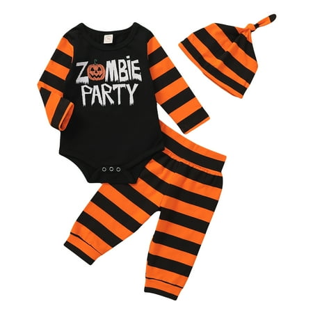 

NZRVAWS Baby Boys Outfits 0 Months Baby Boys Halloween Letter Print 3 Months Baby Boys Romper Top Stripe Pants Hat 3Pcs Halloween Clothes Set Black