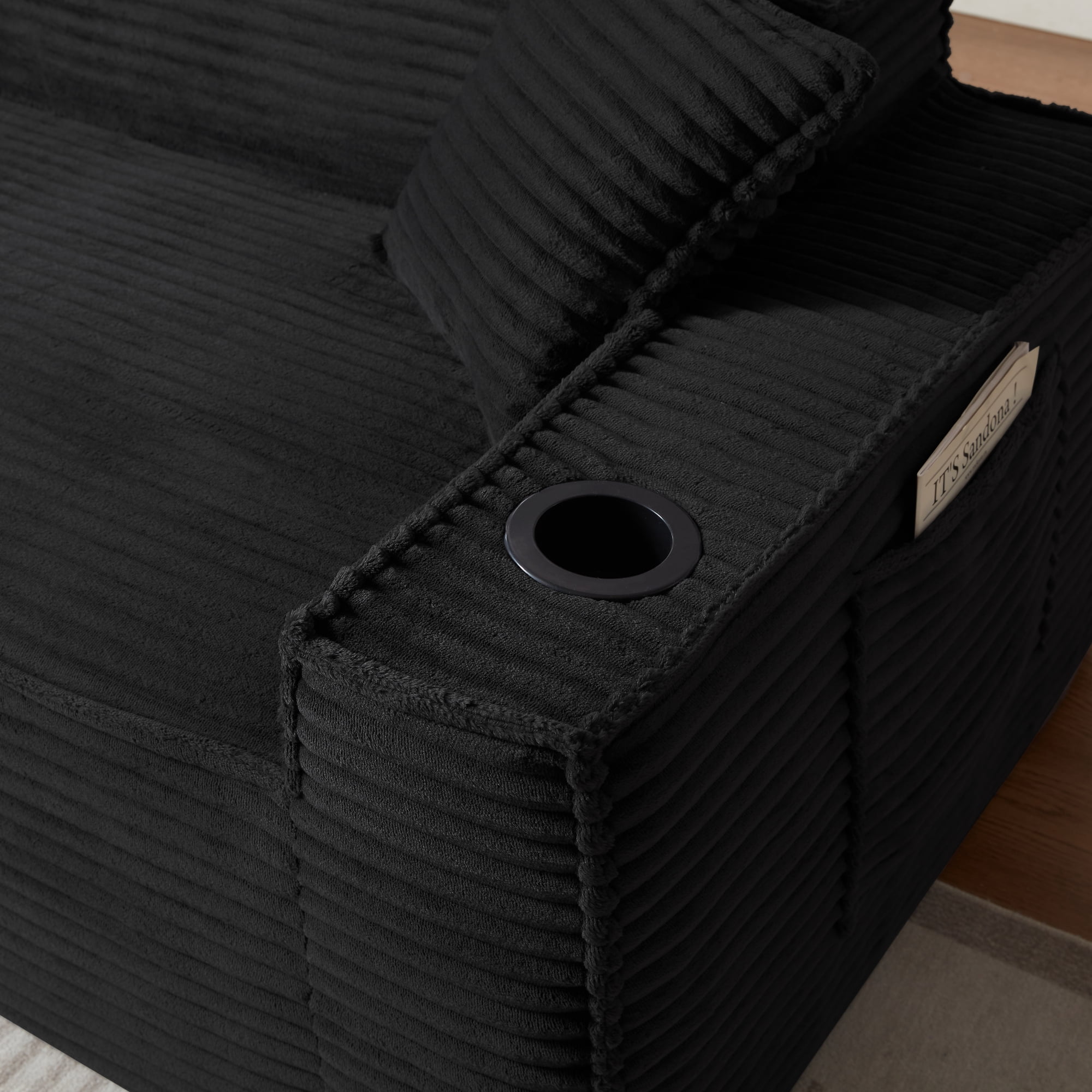 Leumius Single Cloud Sofa,Boneless Couch with Cupholders,Upholstered Corduroy Fabric Modern Armchair with Deep Seats for Living Room Bedroom,Black