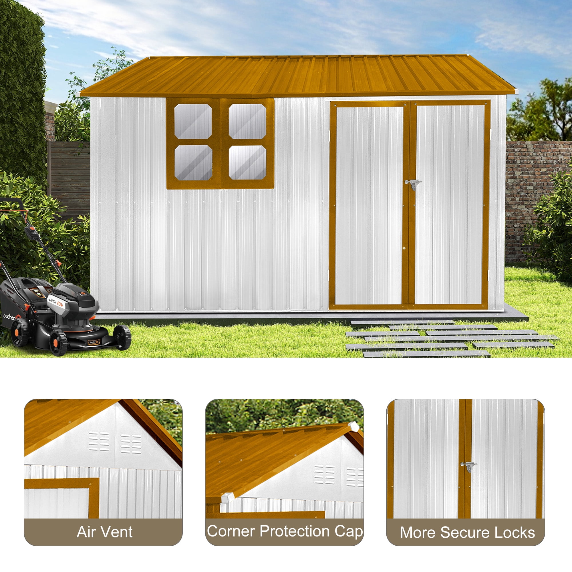 Aukfa 10FT x 8FT Outdoor Storage Shed, Metal Shed Storage with Window, Roof Slope Tool Shed with Door and Padlock for Backyards, Patio Lawns and Outdoor, Yellow