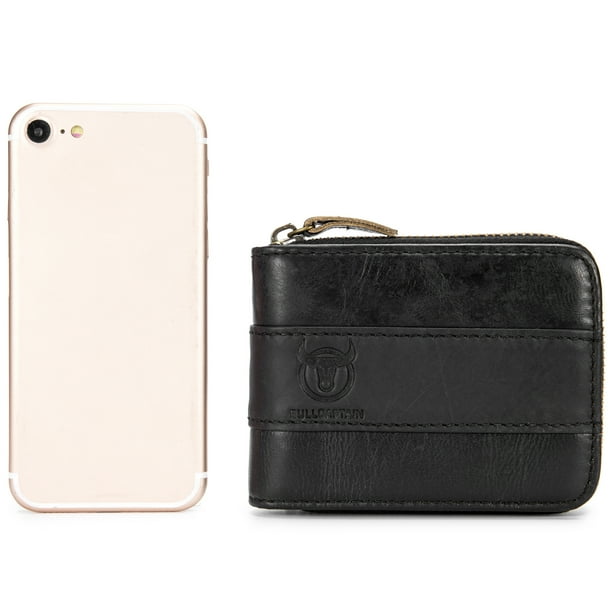 Leather Bifold Zipper Wallet for Men Travel Purse Pouch Gift Black