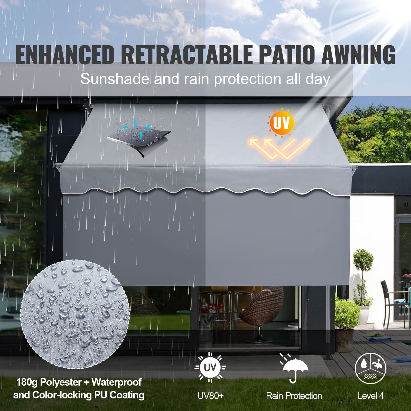KFFKFF 118" x 47" Gray Manually Retractable Patio Awning, UV Resistant