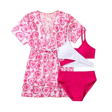 Girls Swimwear Size 14-16 Floral Print Cut Out Crop Top Soft Fit Summer Bikini Tankini Sets with Cover Up Skirt for Beach Wear A-Hot Pink 9Y(8-9 Years)