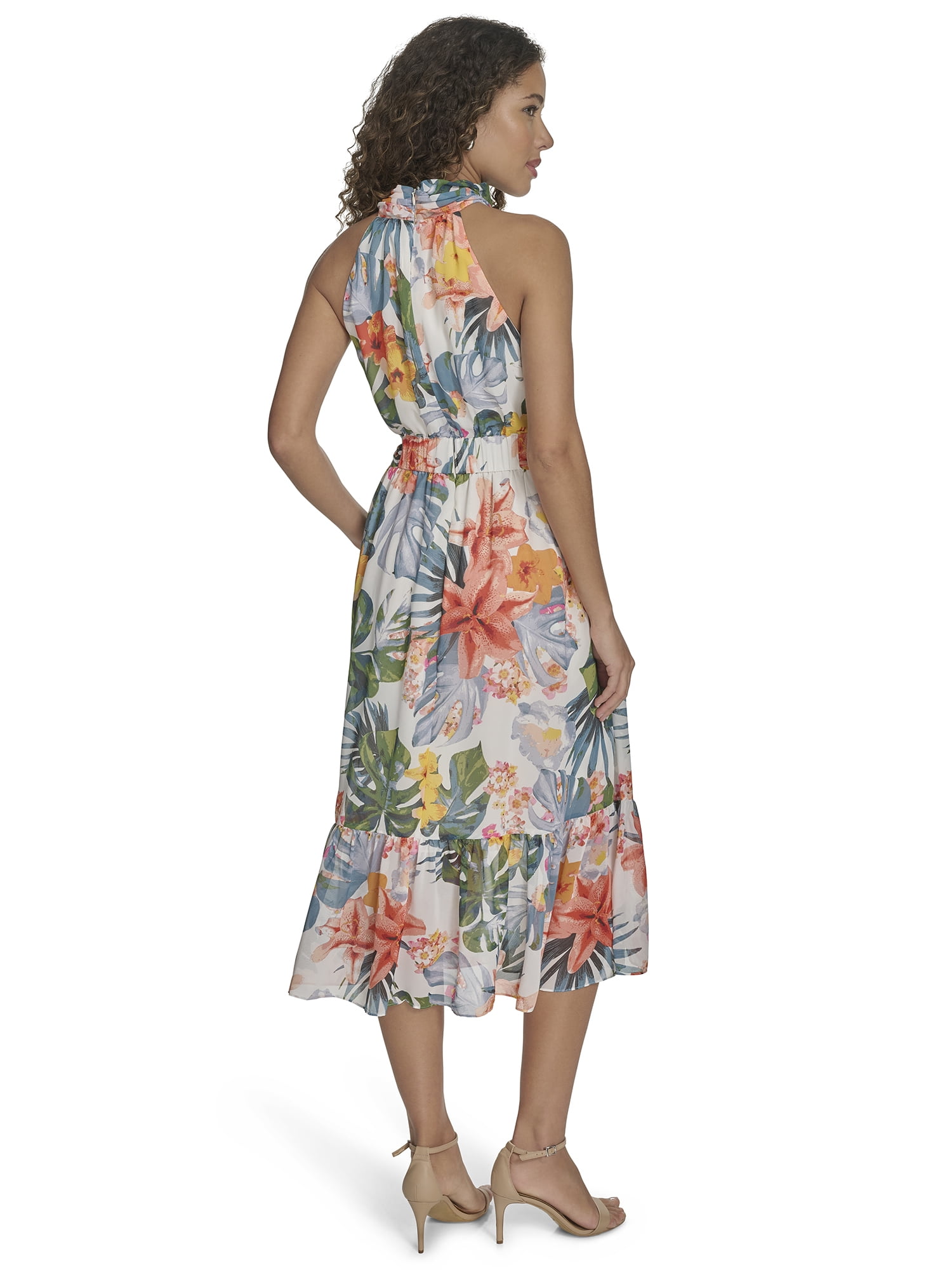 Falling Flowers Women's Chiffon Mock Neck Sleeveless Midi Dress, Sizes XS-XL