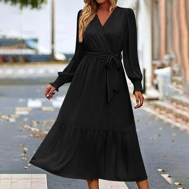 Blmnix Black Birthday Dresses for Women Long Modest Plus Size Long Sleeve  Tiered Wrap Womans Dresses Trendy - Walmart.com