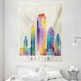thumbnail image 1 of Austin Tapestry, Outlined Monuments Skylines of Texas Blended Rainbow Watercolor Ink Splatter Art, Wall Hanging for Bedroom Living Room Dorm Decor, 60"W X 80"L, Multicolor, by Ambesonne, 1 of 2