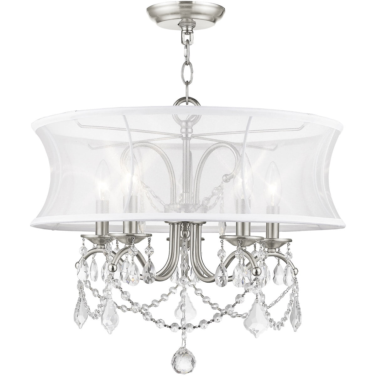 5 Light Brushed Nickel Chandelier with Off White Silk Shimmer Shade