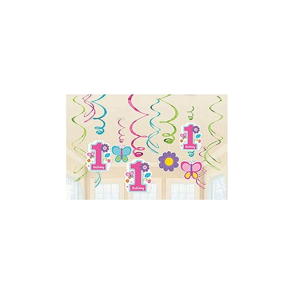 Amscan Foil Swirl Decorations 1st Birthday Girl Flowers and Butterflies Multicolor, 12 Pieces