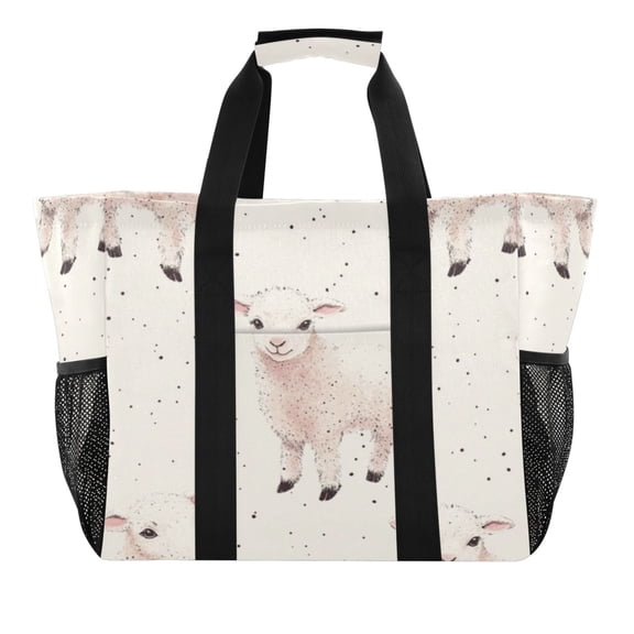 Large Hand-Held Storage Bag Kitchen Reusable Grocery Bags, Travel Tote Bags, Waterproof Tote,Laundry Bag,Beach Bag, Pool Bag Seamless Cartoon Lamb