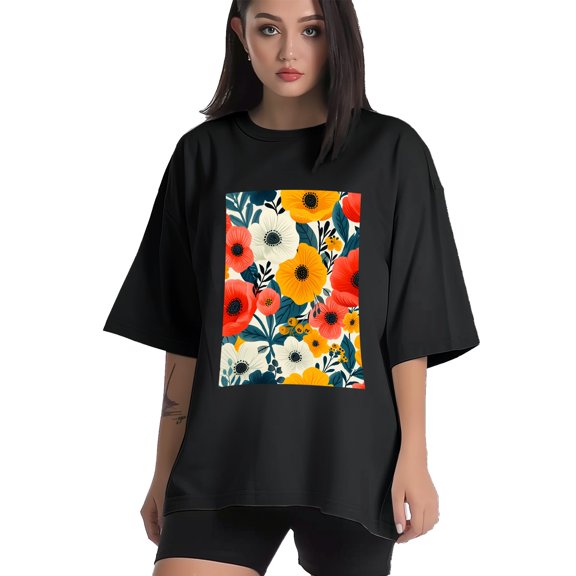 Plus Size Shirt for Women Black Tops for Women Short Sleeves Shirt for Women Flowers (1) T Shirt Crewneck Shirt for Women XS