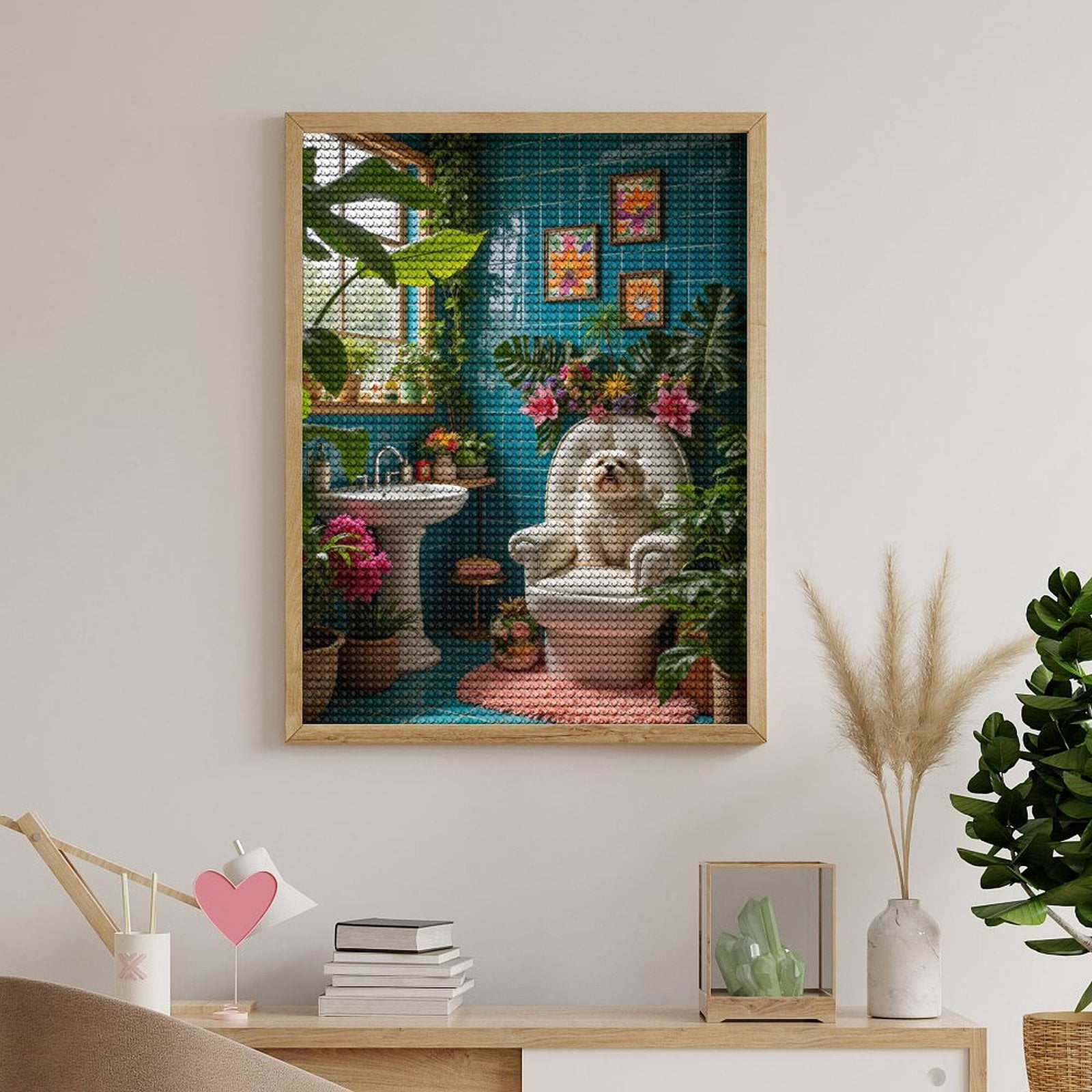 Diamond Art Kits for Adults, Dog In Floral Bathroom Decor 5D Diamond Painting Kits for Adults Beginners, DIY Full Drill Diamond Painting, Gem Art and Crafts 12x16