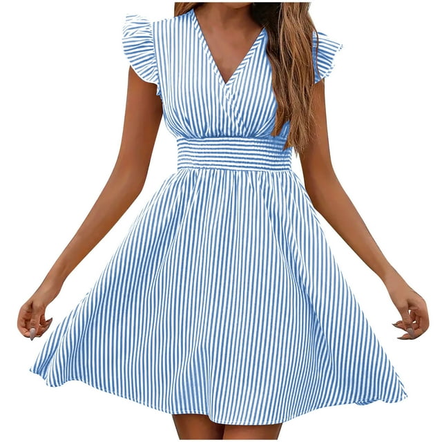 Vestido de Verano para las Mujeres Casual Rayas Manga Corta Cuello en V, Vestido de Poliéster de Moda para la Playa Y Diario