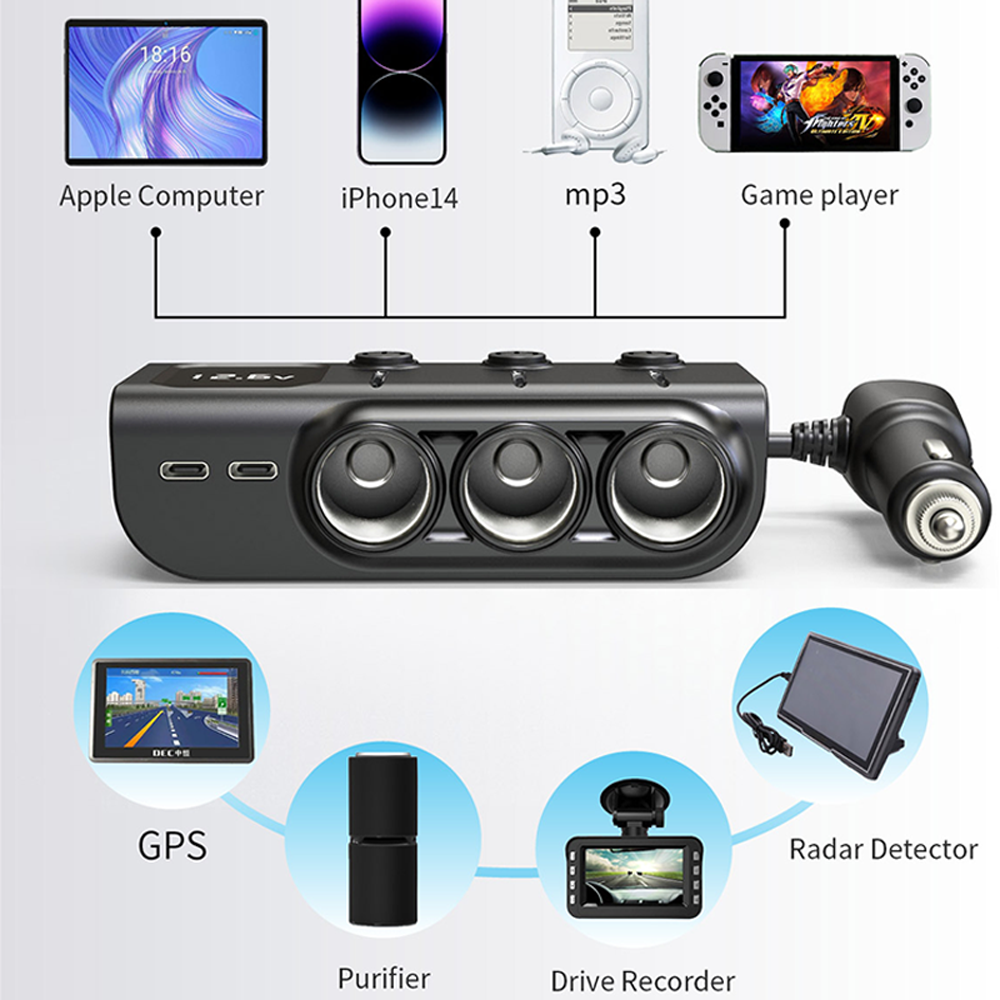 SIMR 3-Socket Car Charger with USB and USB-C Ports photo 2