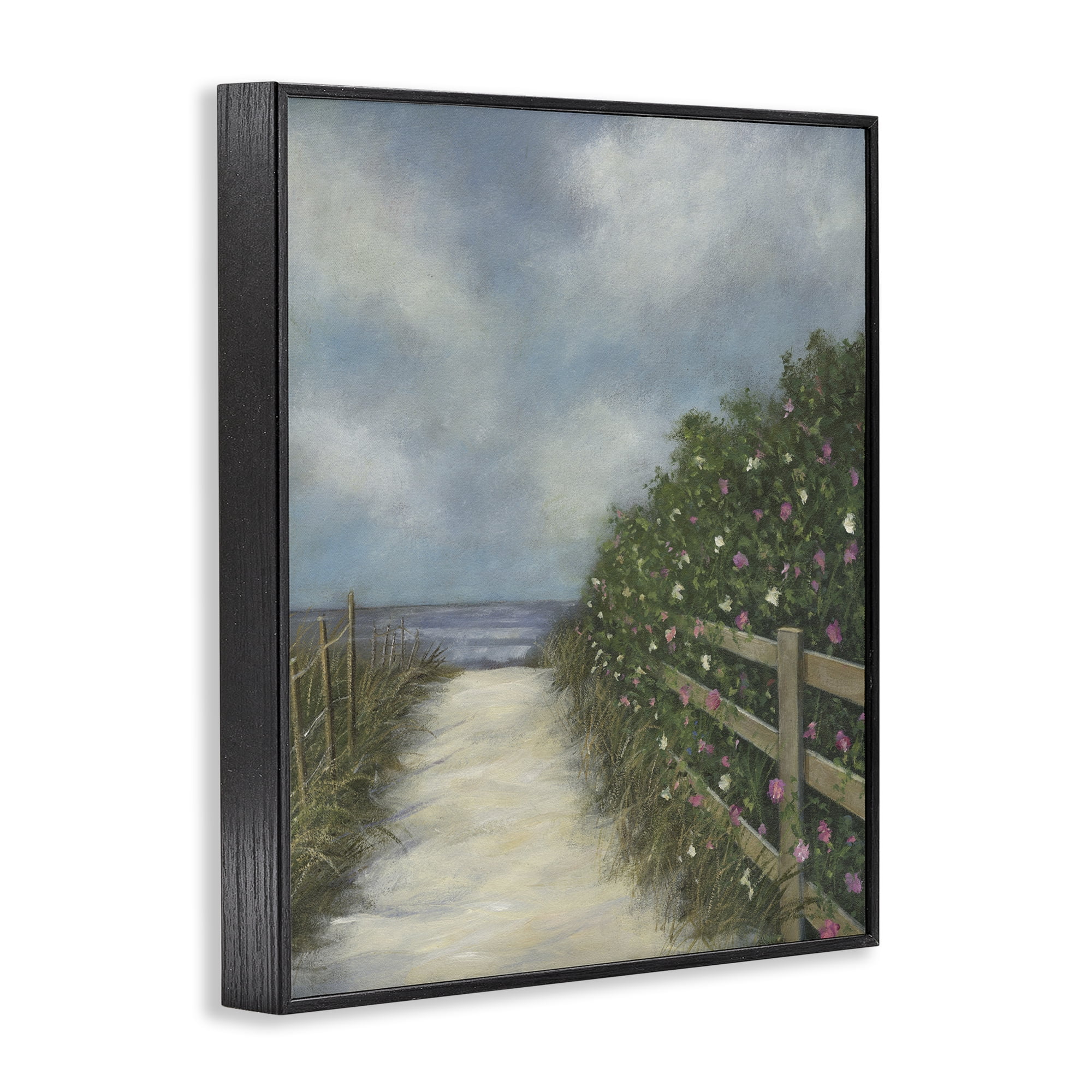 Stupell Industries Floral Lined Beach Path Landscape Painting Black Framed Art Print Wall Art, 24 x 30