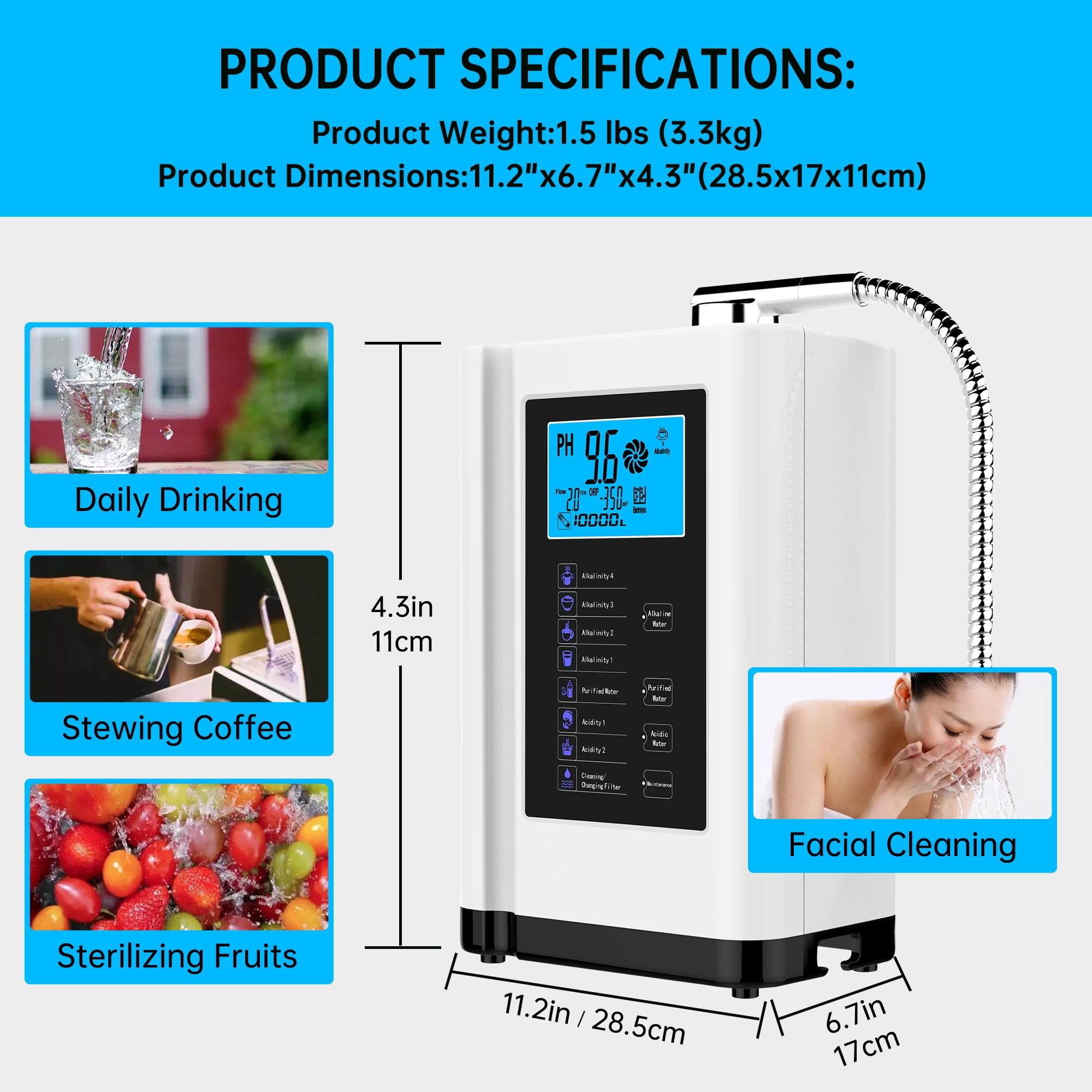 Alka Water Ionizer, Water Purifier Machine PH 3.5-10.5 Alkaline Acid Water Machine, up to -500mV ORP, 8000 Liters per filter,7 Water Settings, Auto-cleaning,Intelligent Voice White)