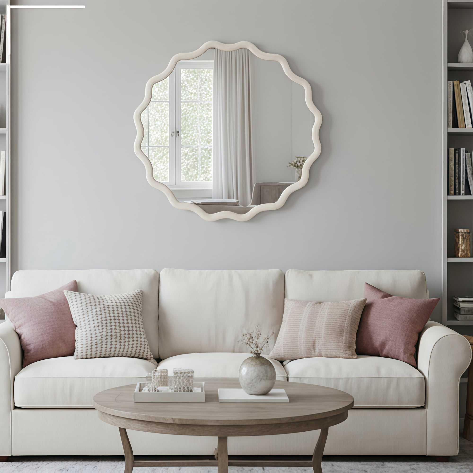 Leumius 30" Wavy Round Mirror, Solid Wood Frame Decorative Mirror for Bedroom Bathroom Living Room Entryway White