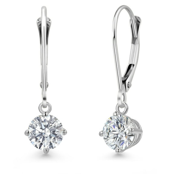 Gem Stone King 14K White Gold Lab Grown Diamond Leverback Drop Dangle Earrings for Women | 1.00 Cttw | April Birthstone | E-F Color | VVS-VS Clarity | Round 5MM