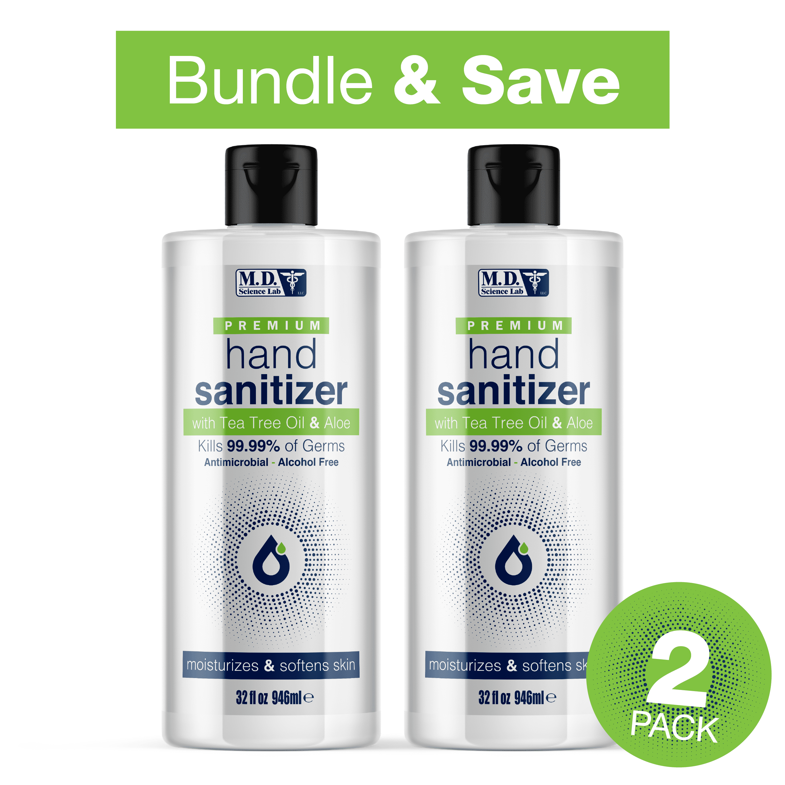 MD Science Lab Hand Sanitizer, BZK, Fresh, 32oz 2PK