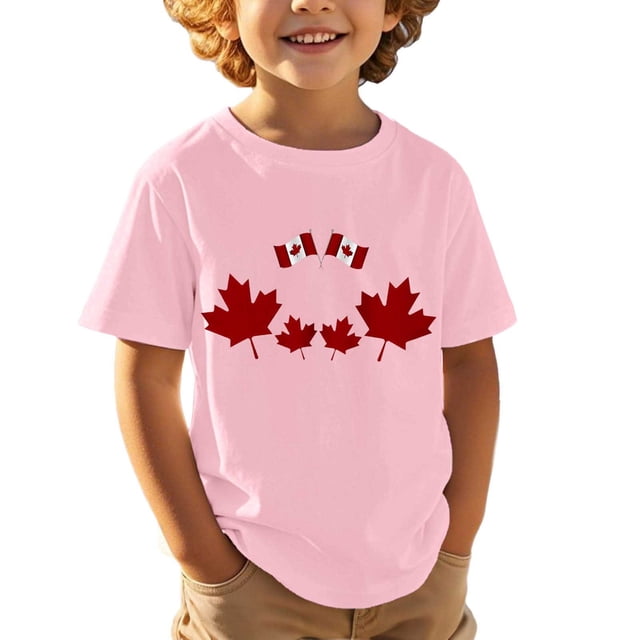 Chandail Canada Filles Fête du Canada Drapeau Feuille d'Érable Imprimé Col Rond Manches Courtes T-Shirt Garçons Fête Nationale 1st July Patriotic Décontracté Canadien Patriotique Festival T-Shirt pour Filles