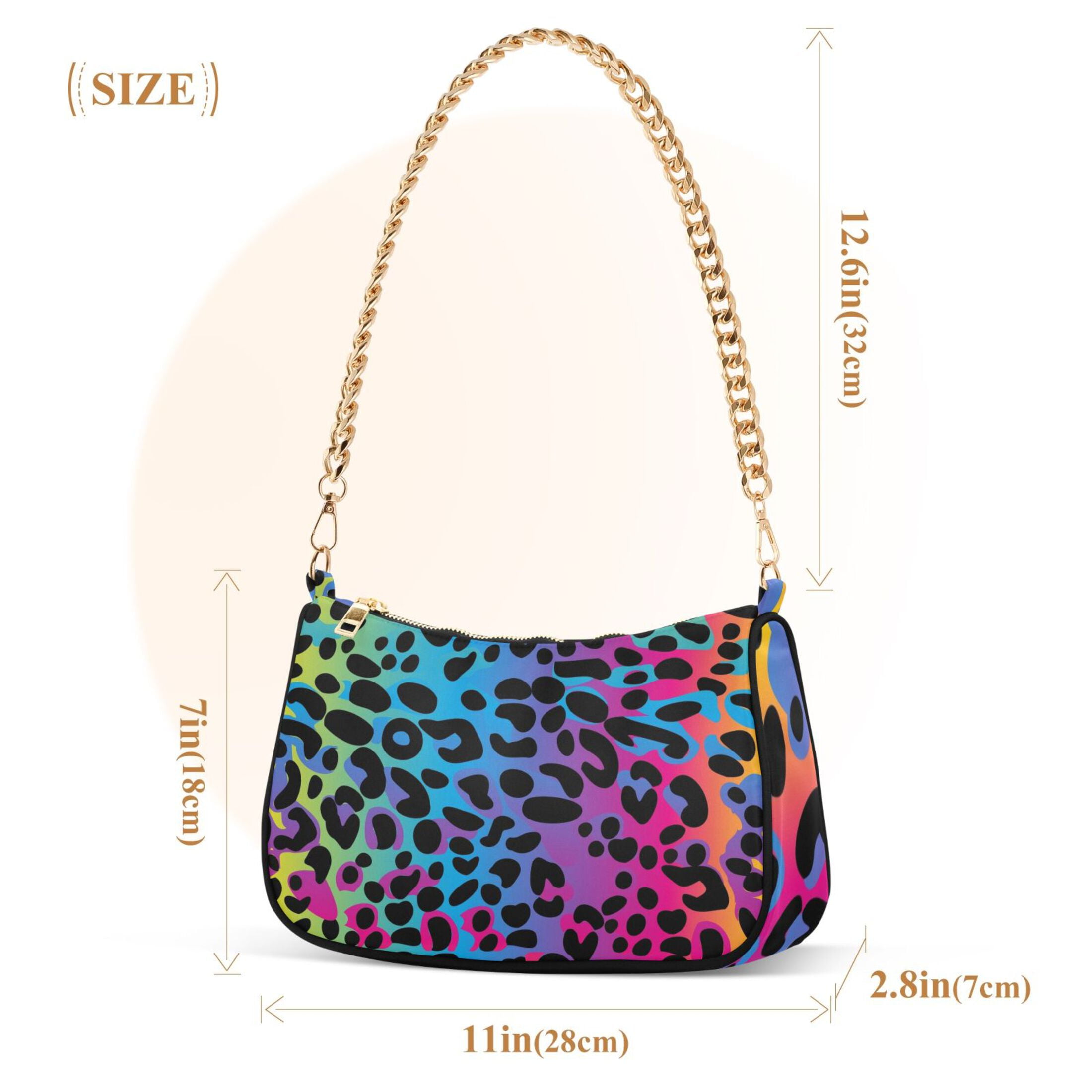 Rainbow Leopard Print Neon Womens Chain Shoulder Bag Tote Handbag Clutch Hobo Purse with Zipper for Travel Casual
