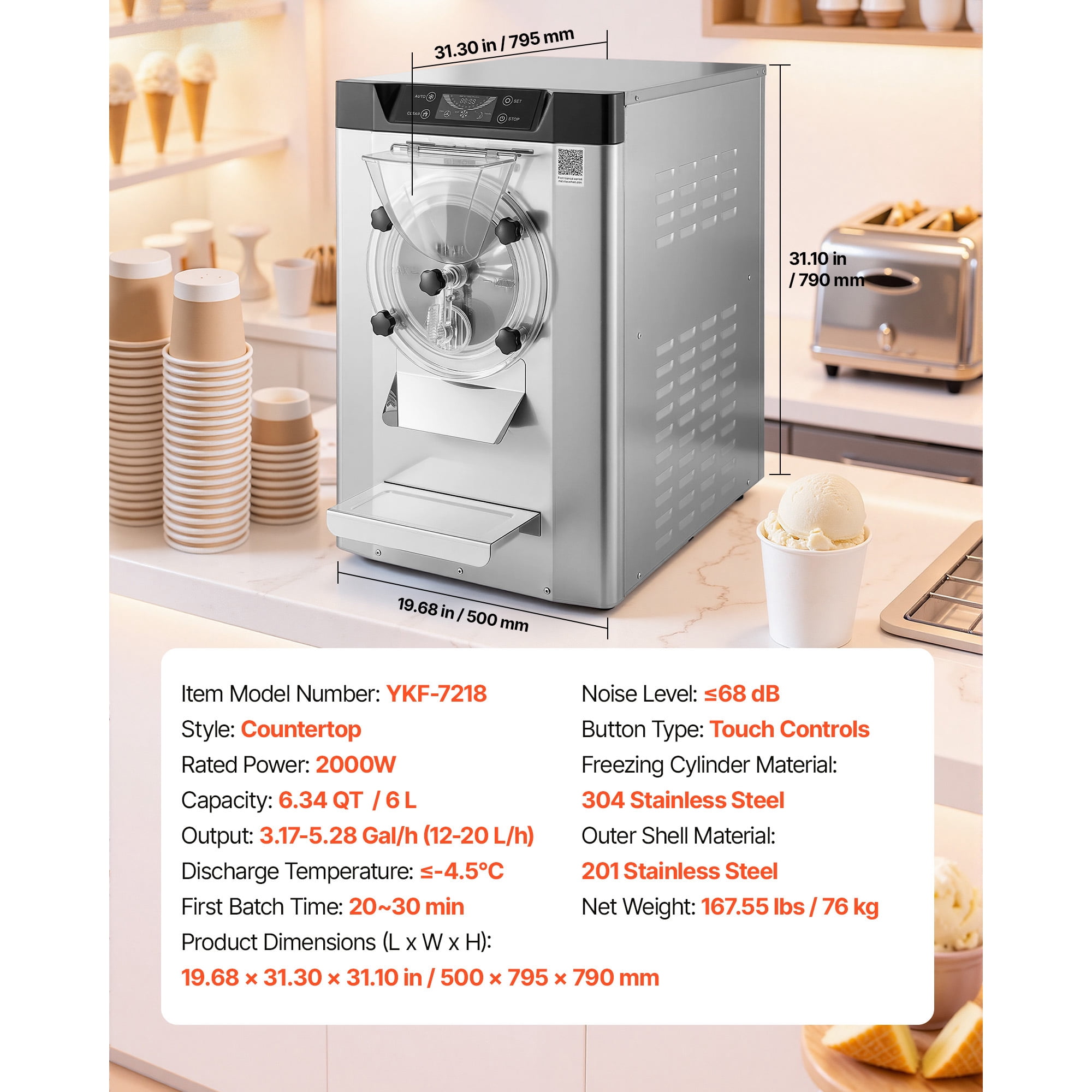 KFFKFF Commercial Hard Ice Cream Machine, Gelato Maker, 201 Stainless Steel 304 Stainless Steel, 19.68×31.30×31.10 in