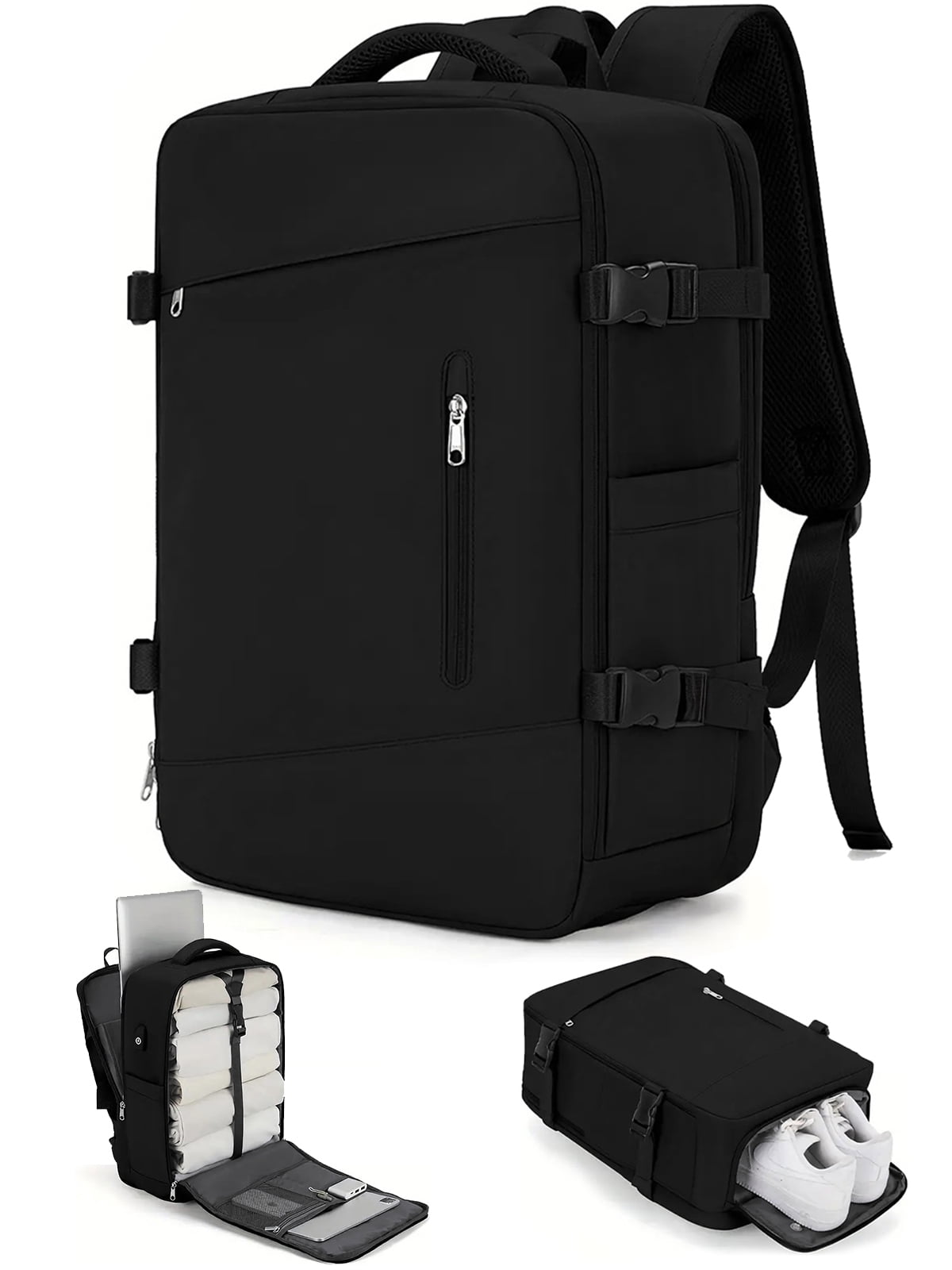 DAKIMOE Large Travel Backpack for Adults Carry on Laptop Backpack Flight Approved Waterproof College Bag with USB Charging Port & Shoe Pouch Casual Daypack for Women Men for Weekender Business, Black