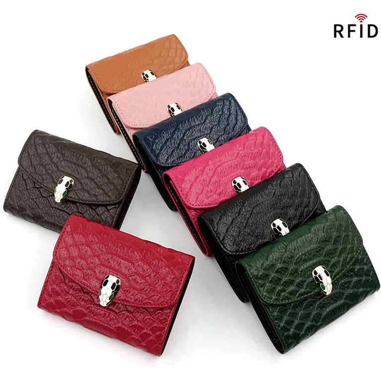 Women's Small Leather Card Case Wallet with Flap - Croco