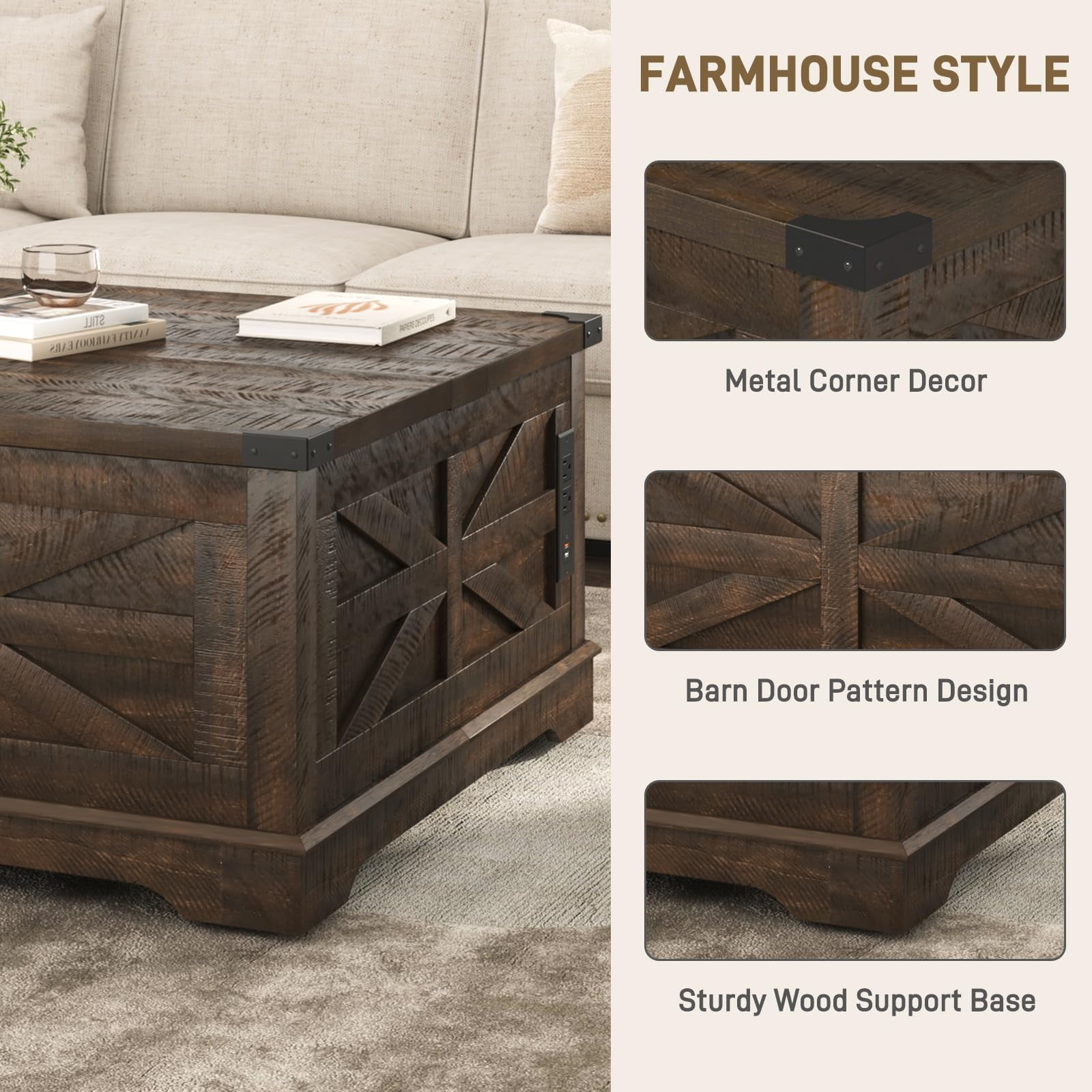 ANPOO 36” Square Lift Top Coffee Table with Power Outlets & Movable Wheels, Farmhouse Coffee Table w/Large Hidden Storage, Multi-Function Lift Wood Center Table for Home, Office,Rustic White